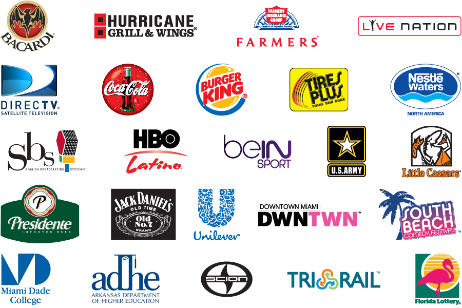 client logos: Bacardi, Hurrican Grill & Wings, Farmers Insurance, Live Nation, DirecTV, Coca Cola, Burger King, Tires Plus, Nestle Waters, Spanish Broadcasting System, HBO Latino, bein Sport, US Army, Little Caesars, Preidente, Jack Daniel's, Unilever, DWNTWN, South Beach Comedy Festival, Miami Dade College, Arkansas Department of Higher Education, Scion, TriRail, Florida Lottery